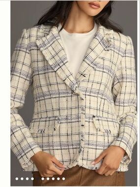 Anthropologie Cream Plaid Tweed Blazer with Navy Check
